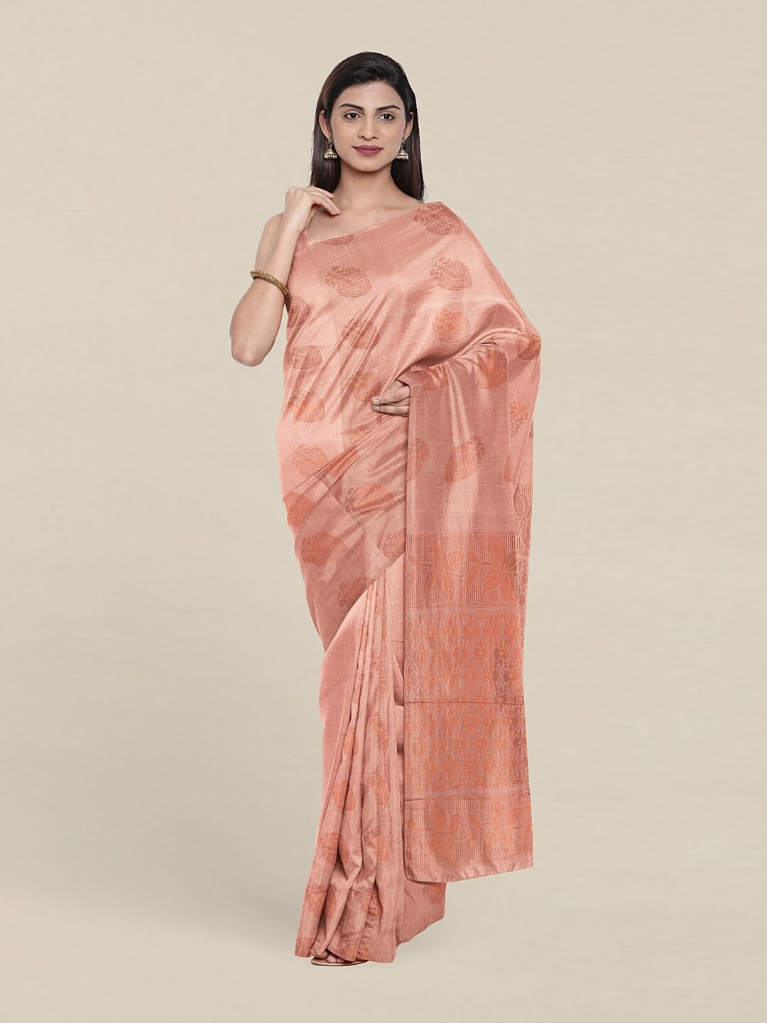 

Pothys Peach-Coloured & Copper-Toned Ethnic Motifs Zari Pure Silk Saree