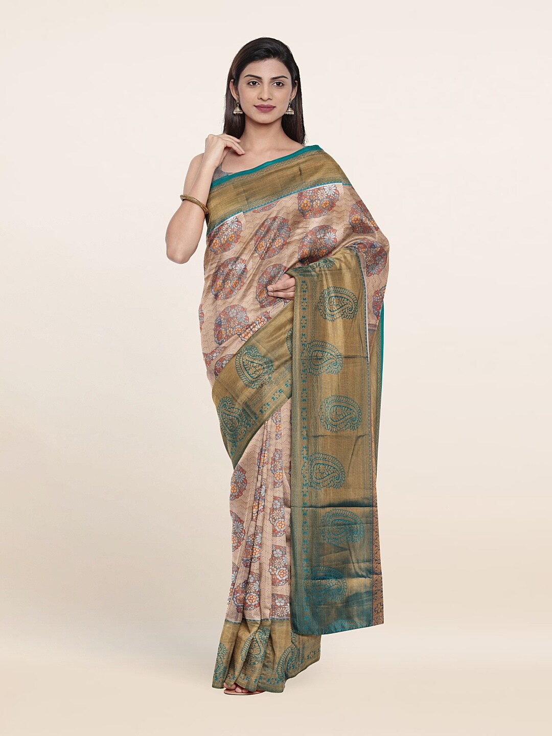 

Pothys Peach-Coloured & Blue Paisley Zari Pure Silk Saree