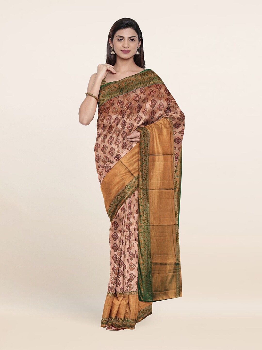 

Pothys Peach-Coloured & Gold-Toned Ethnic Motifs Zari Pure Silk Saree