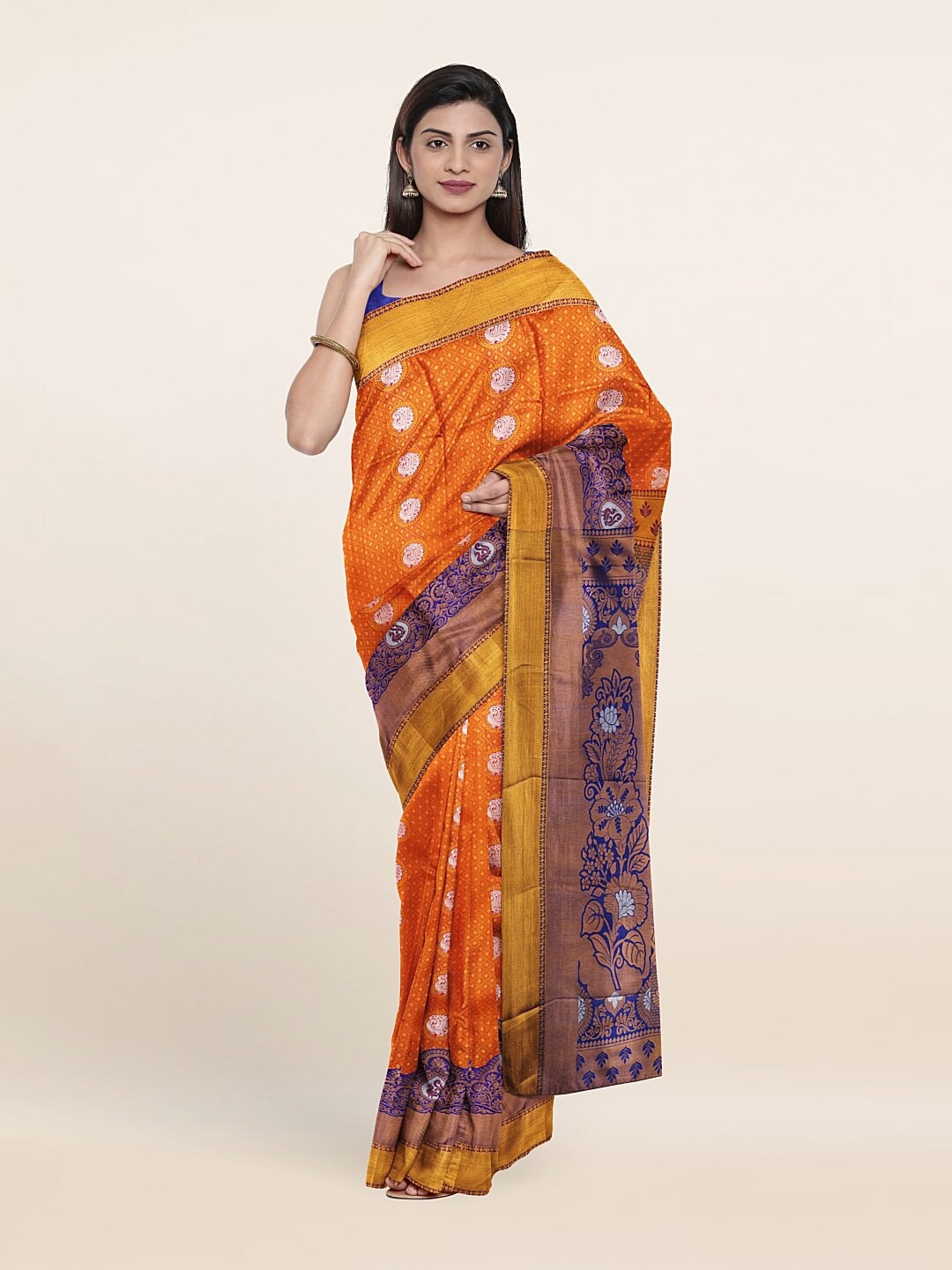 

Pothys Orange & Navy Blue Paisley Zari Pure Silk Saree