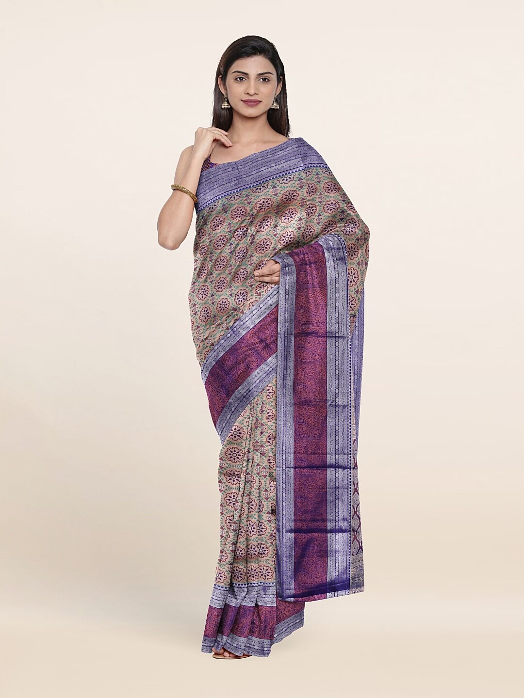 

Pothys Violet & Peach-Coloured Ethnic Motifs Zari Pure Silk Saree