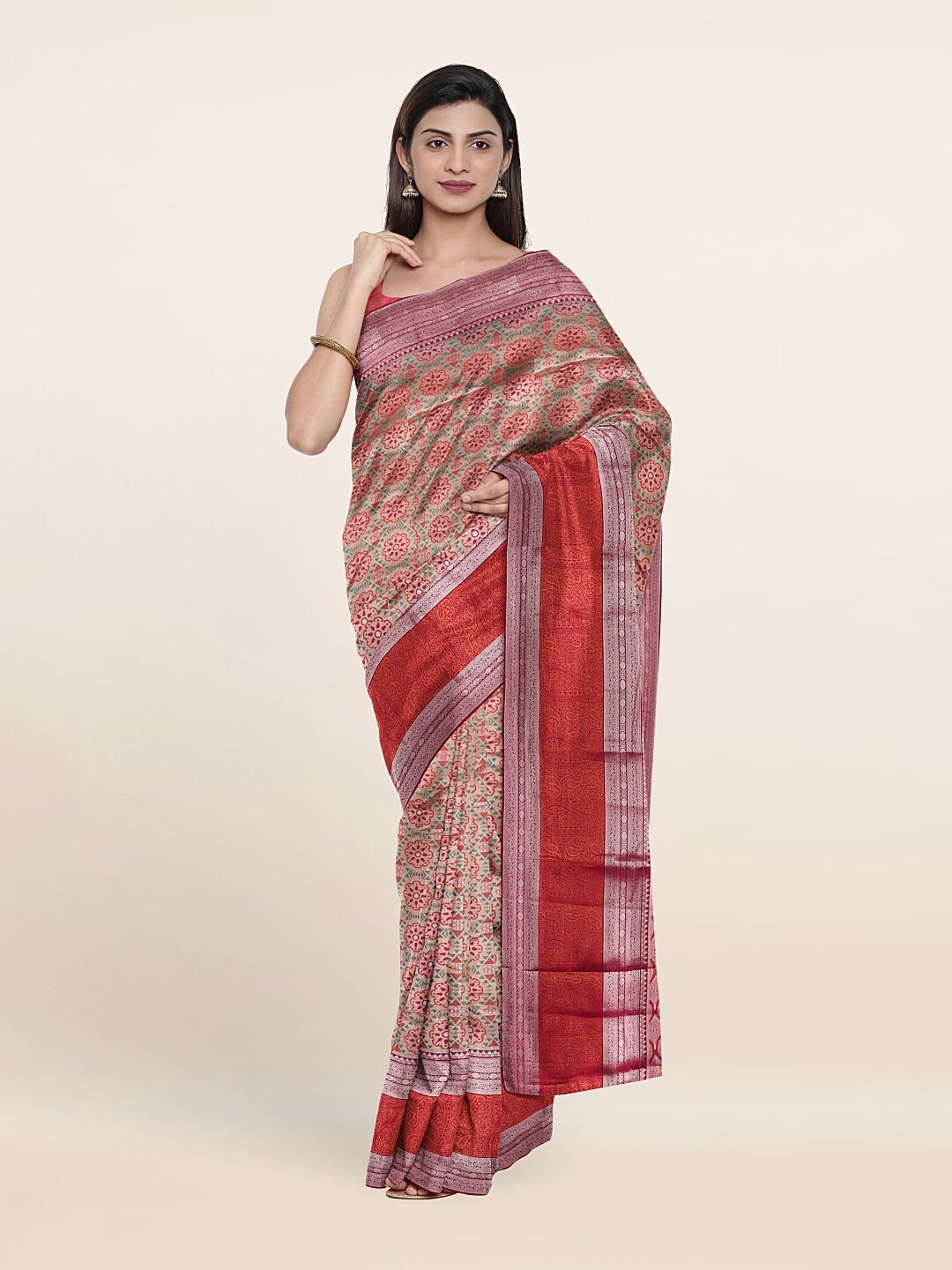 

Pothys Pink & Green Ethnic Motifs Zari Pure Silk Saree