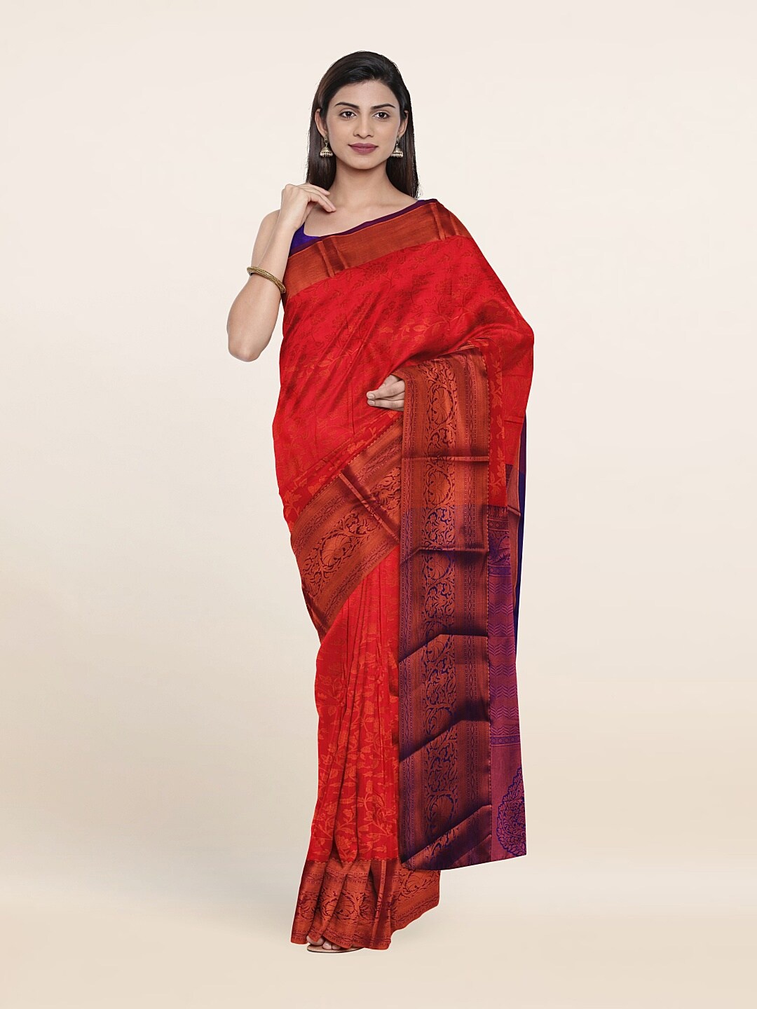 

Pothys Red & Violet Floral Zari Pure Silk Saree