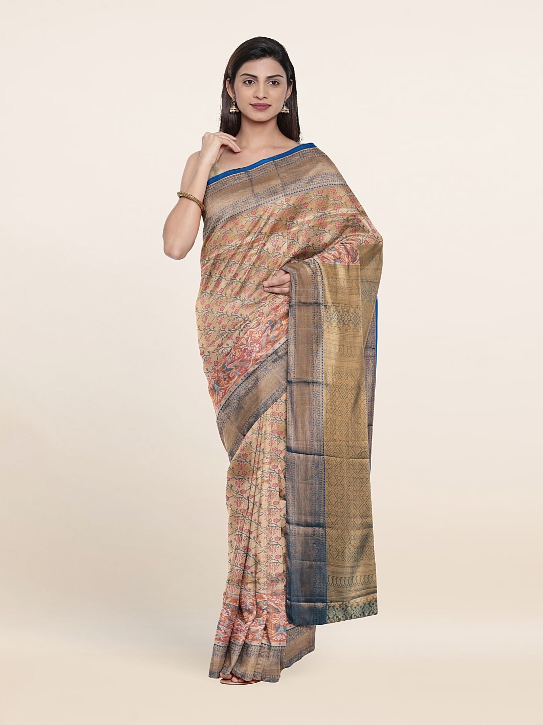 

Pothys Peach-Coloured & Blue Floral Zari Pure Silk Saree