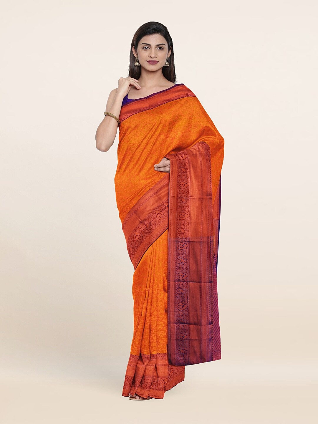 

Pothys Orange & Violet Floral Zari Pure Silk Saree