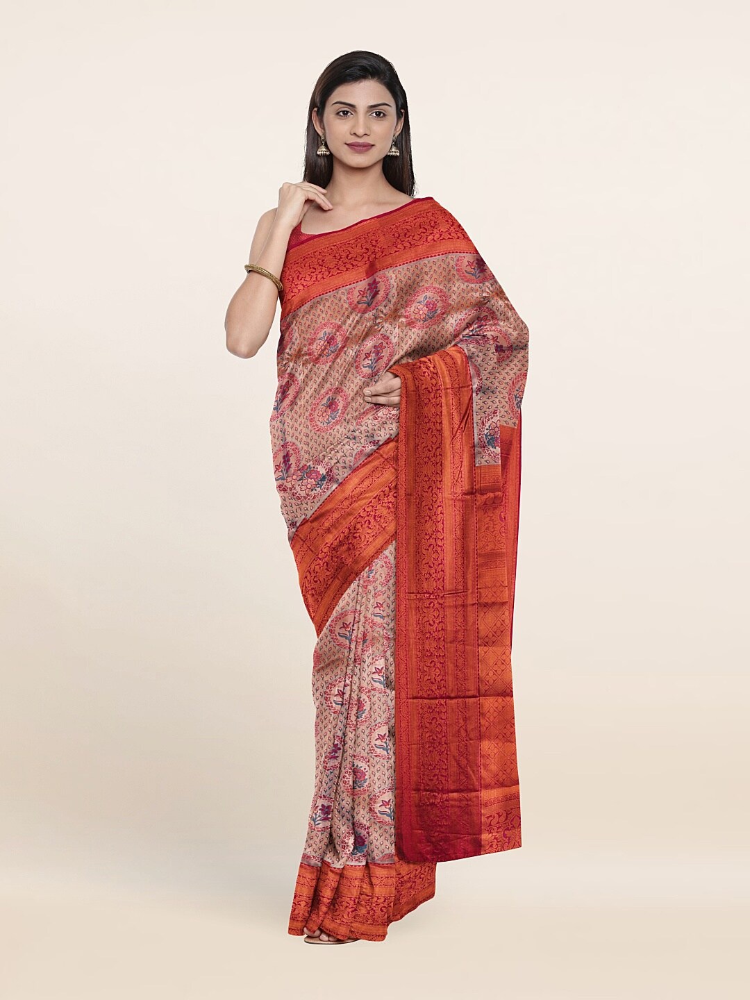 

Pothys Purple & Red Floral Zari Pure Silk Saree