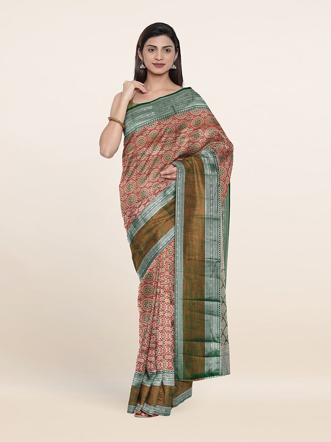 

Pothys Pink & Green Ethnic Motifs Zari Pure Silk Saree