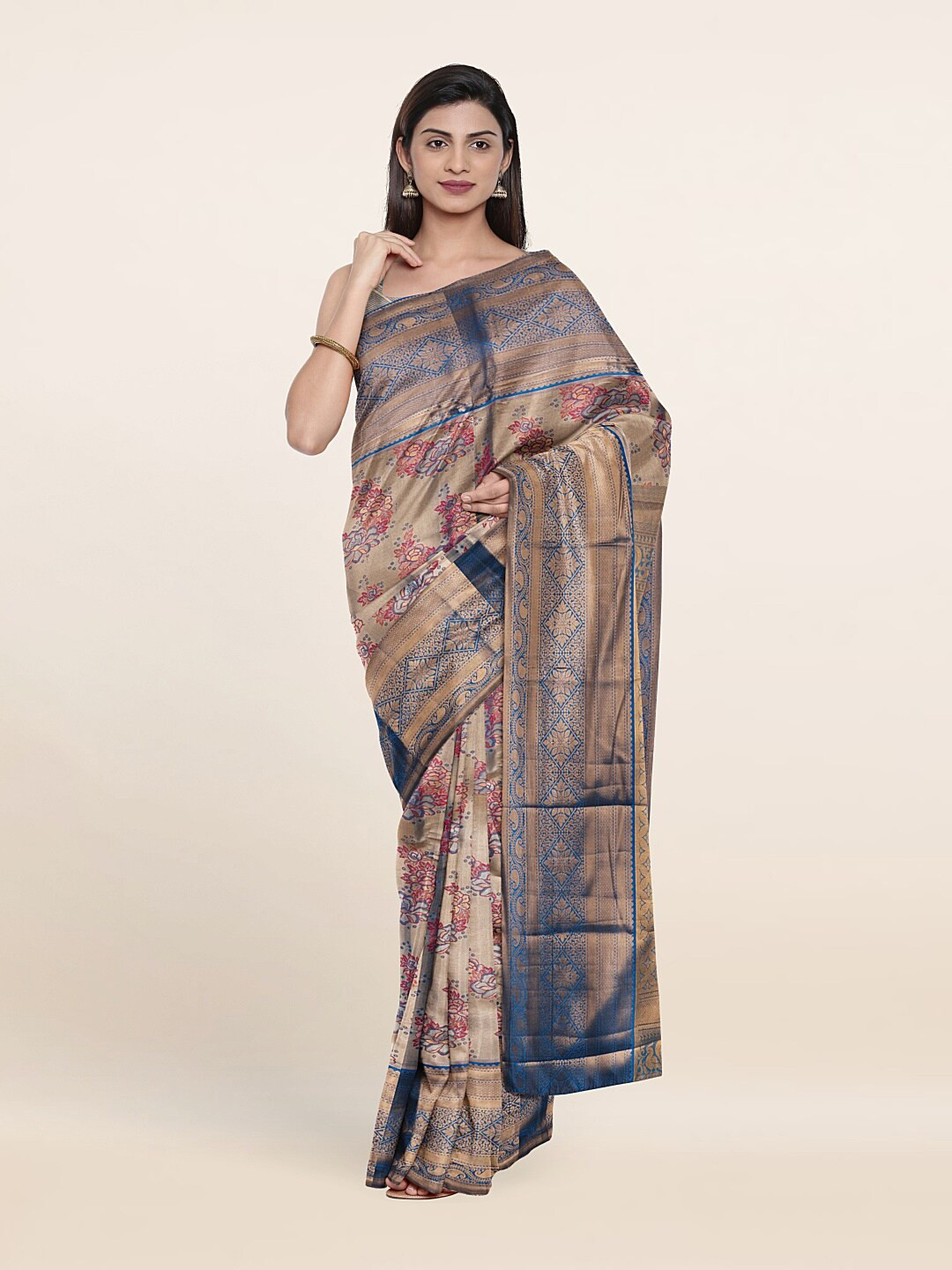 

Pothys Peach-Coloured & Blue Floral Zari Pure Silk Saree