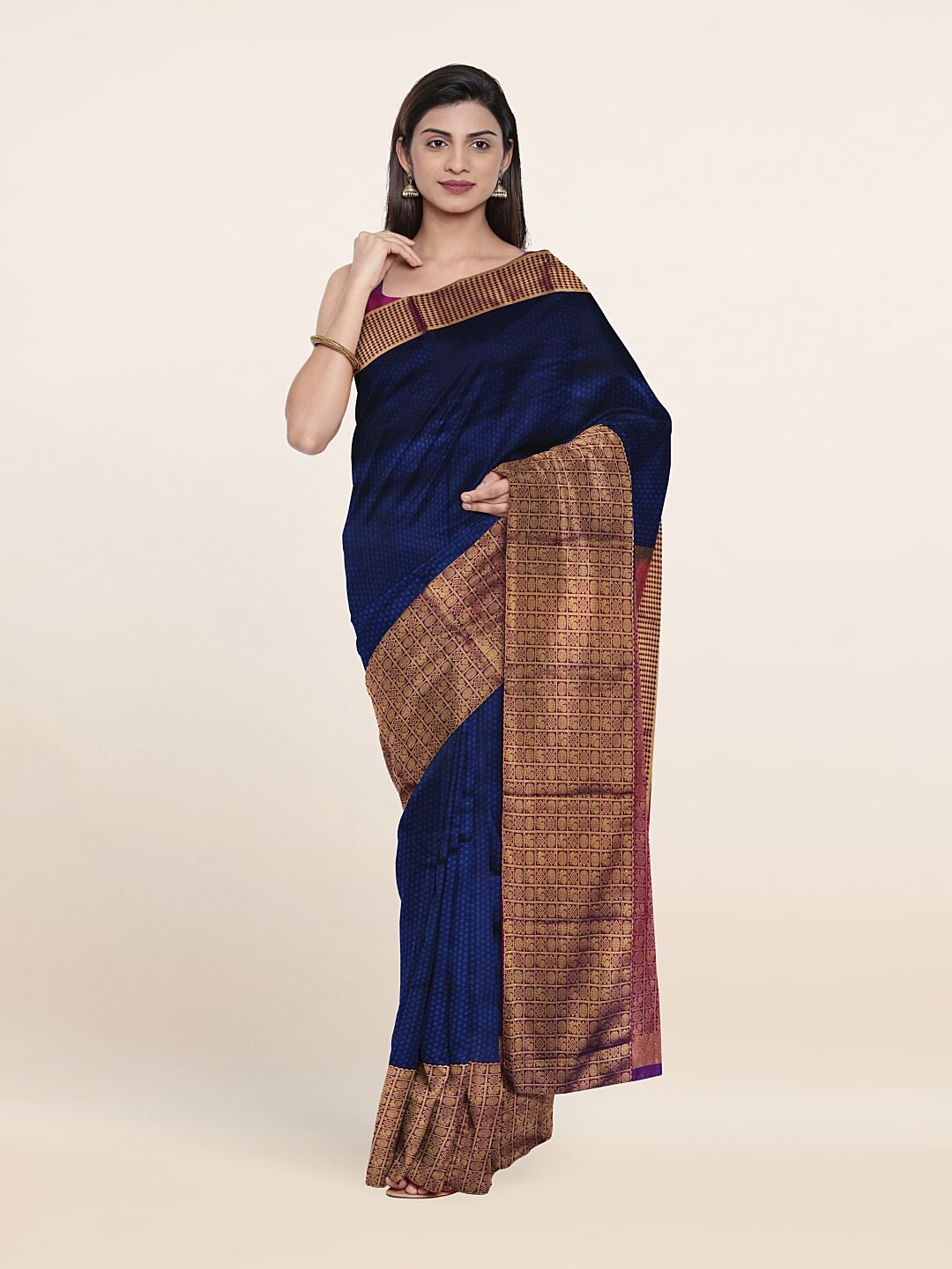 

Pothys Ethnic Motifs Zari Pure Silk Kanjeevaram Saree, Blue