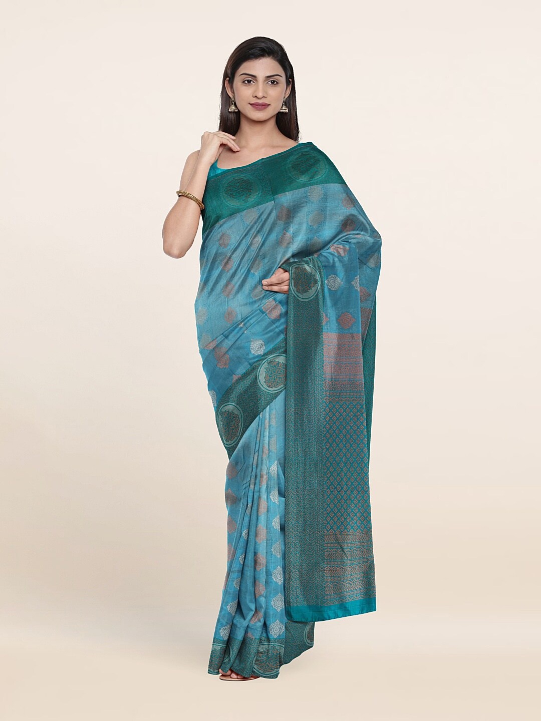 

Pothys Blue & Copper-Toned Woven Design Zari Pure Silk Kanjeevaram Saree