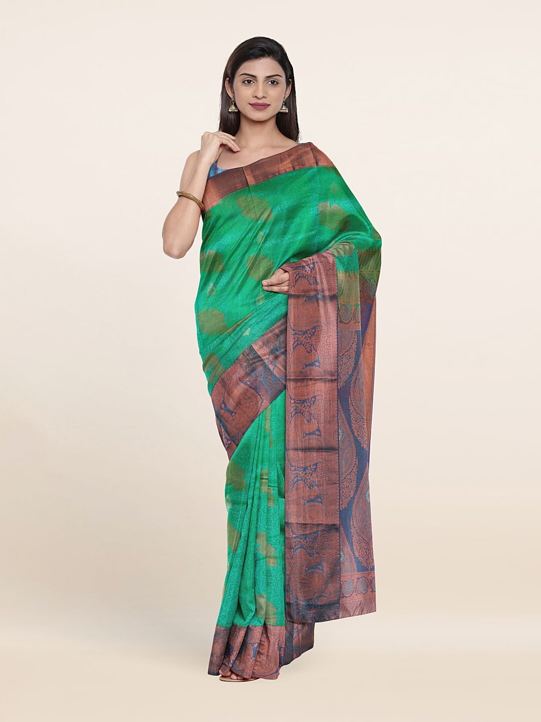 

Pothys Green & Blue Woven Design Zari Pure Silk Kanjeevaram Saree