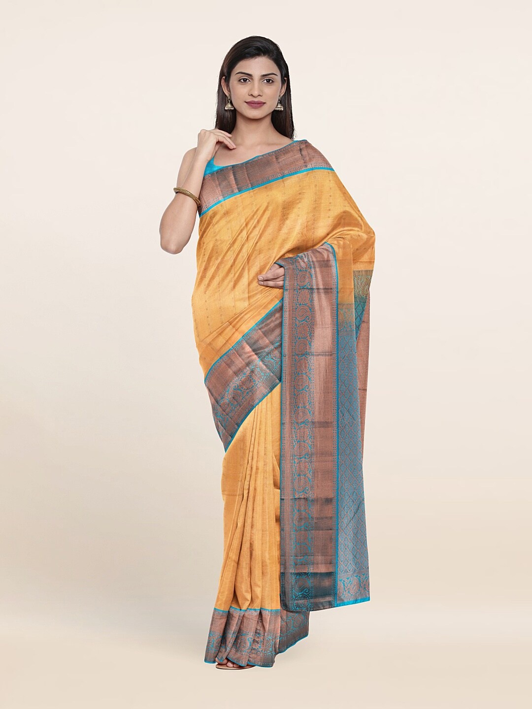 

Pothys Cream-Coloured & Blue Woven Design Zari Pure Silk Kanjeevaram Saree