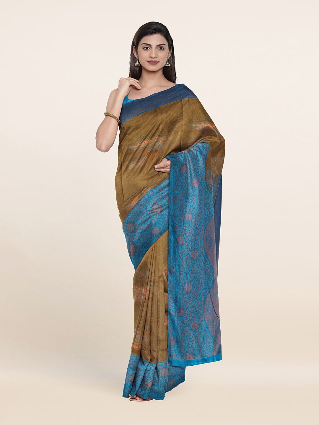 

Pothys Tan & Blue Woven Design Zari Pure Silk Kanjeevaram Saree
