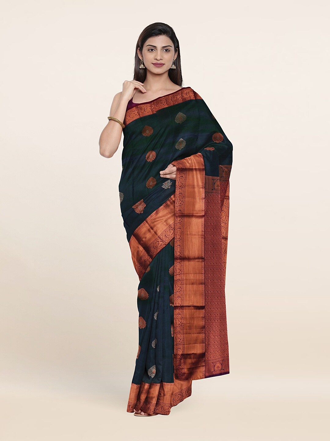 

Pothys Blue & Gold-Toned Woven Design Zari Pure Silk Kanjeevaram Saree
