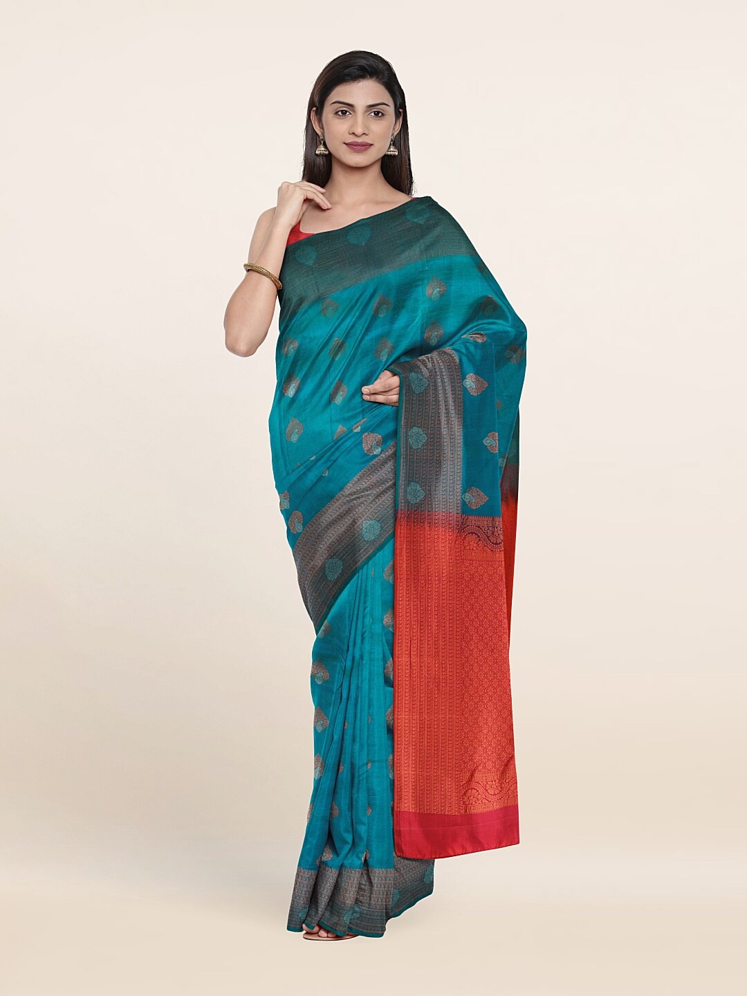 

Pothys Blue & Red Woven Design Zari Pure Silk Kanjeevaram Saree