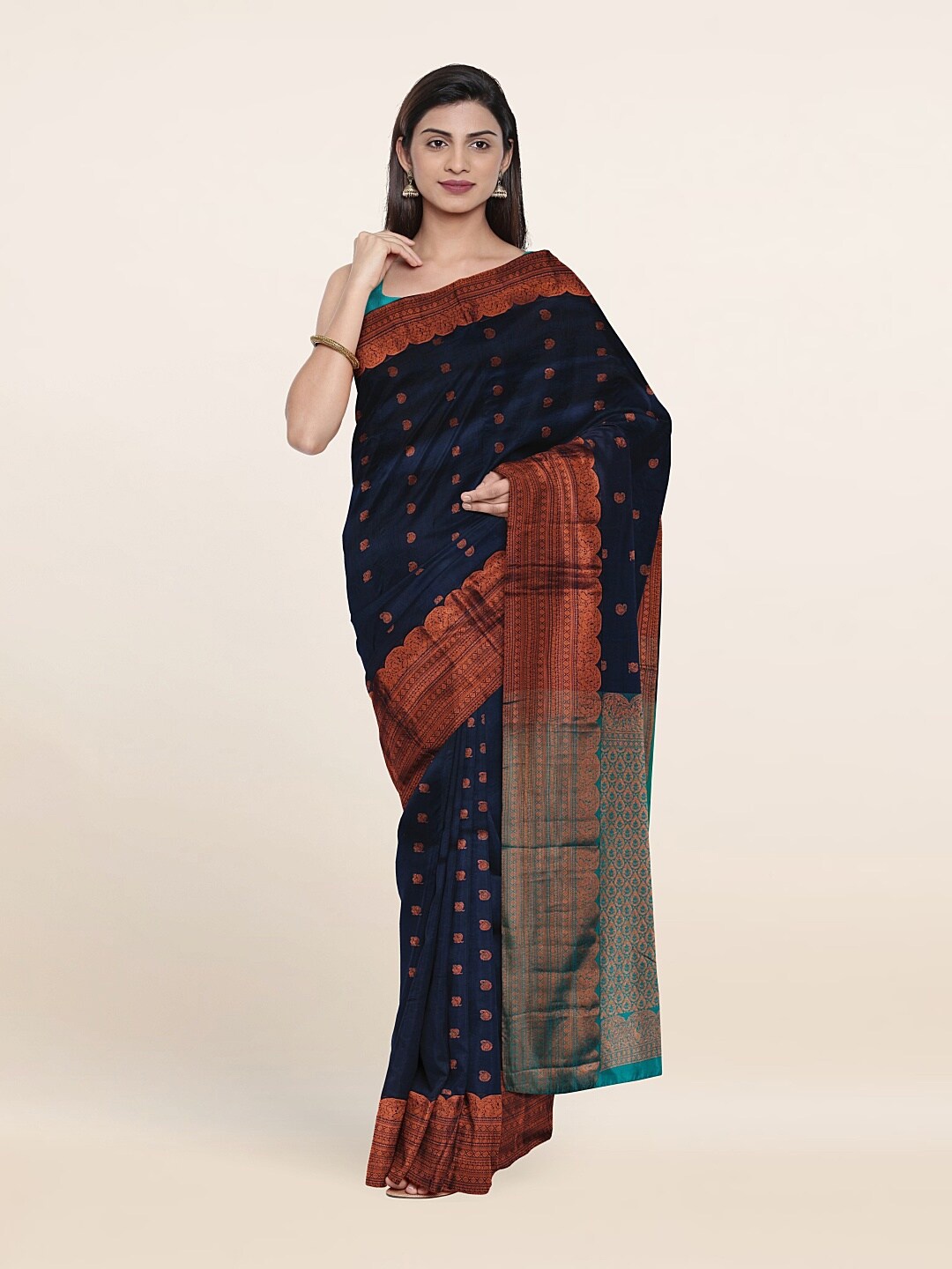

Pothys Navy Blue & Copper-Toned Woven Design Zari Pure Silk Kanjeevaram Saree