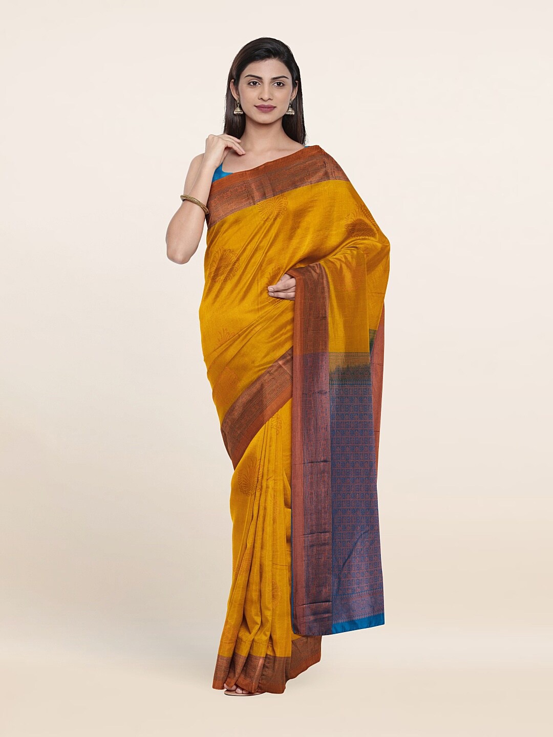 

Pothys Yellow & Blue Woven Design Zari Pure Silk Kanjeevaram Saree