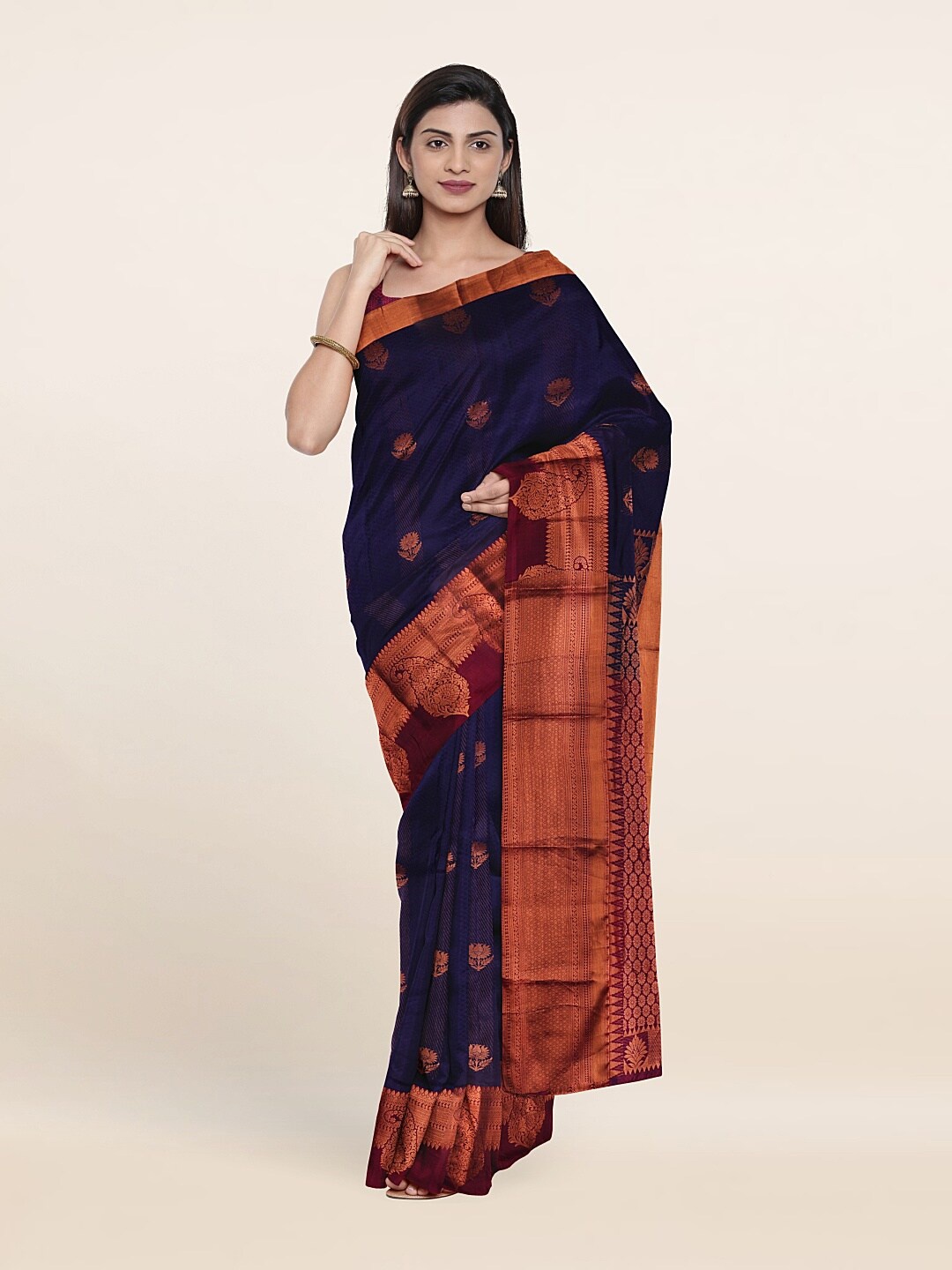 

Pothys Navy Blue & Copper-Toned Woven Design Zari Pure Silk Kanjeevaram Saree