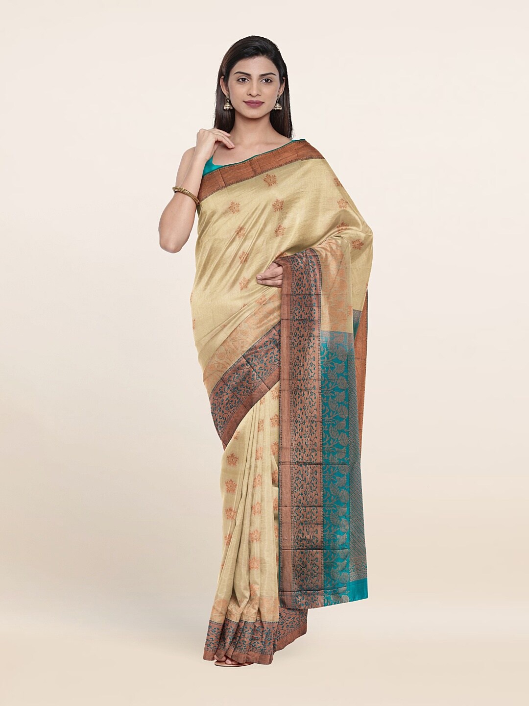 

Pothys Cream-Coloured & Turquoise Blue Floral Zari Pure Silk Kanjeevaram Saree