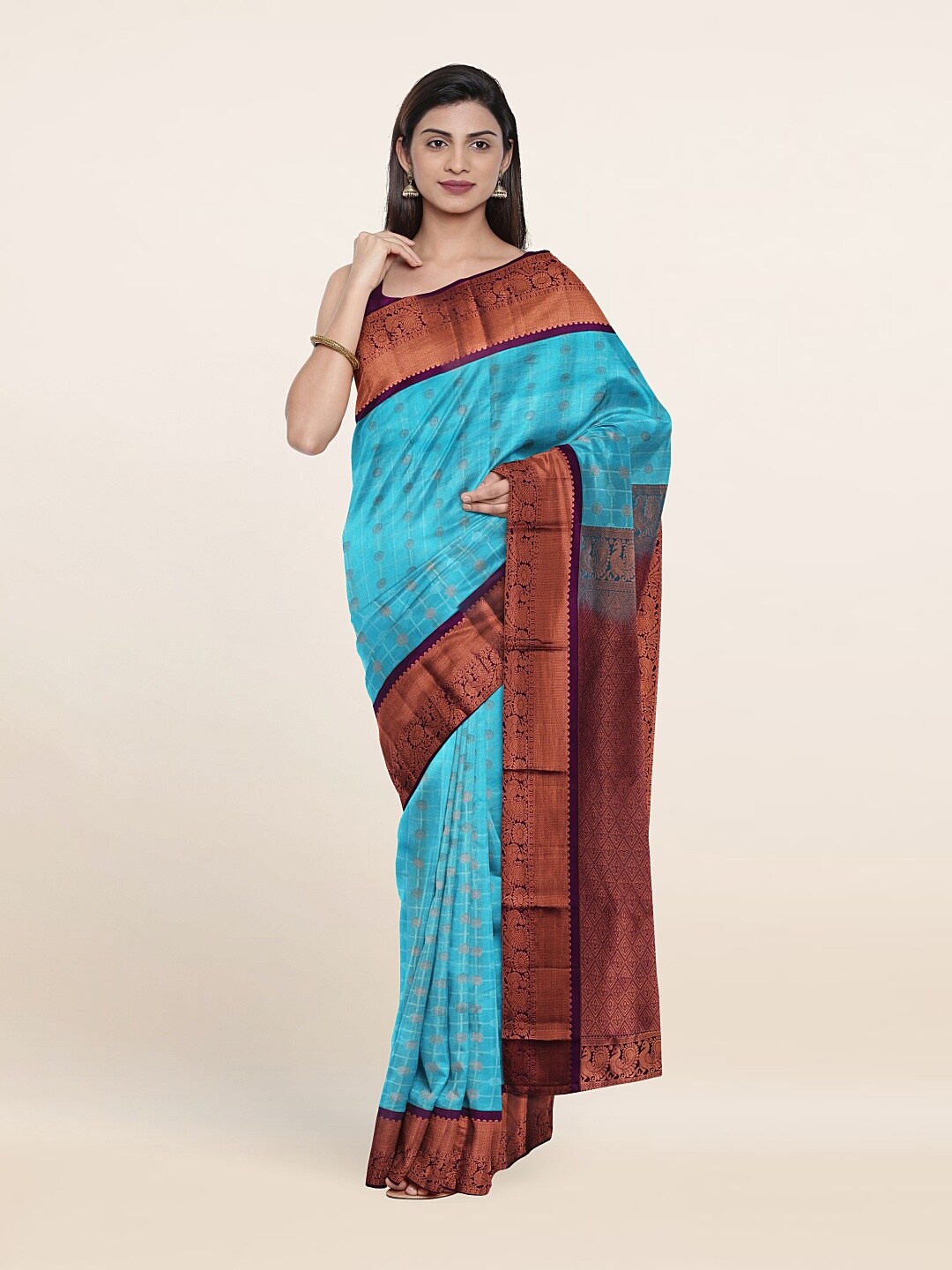 

Pothys Blue & Violet Woven Design Pure Silk Kanjeevaram Saree