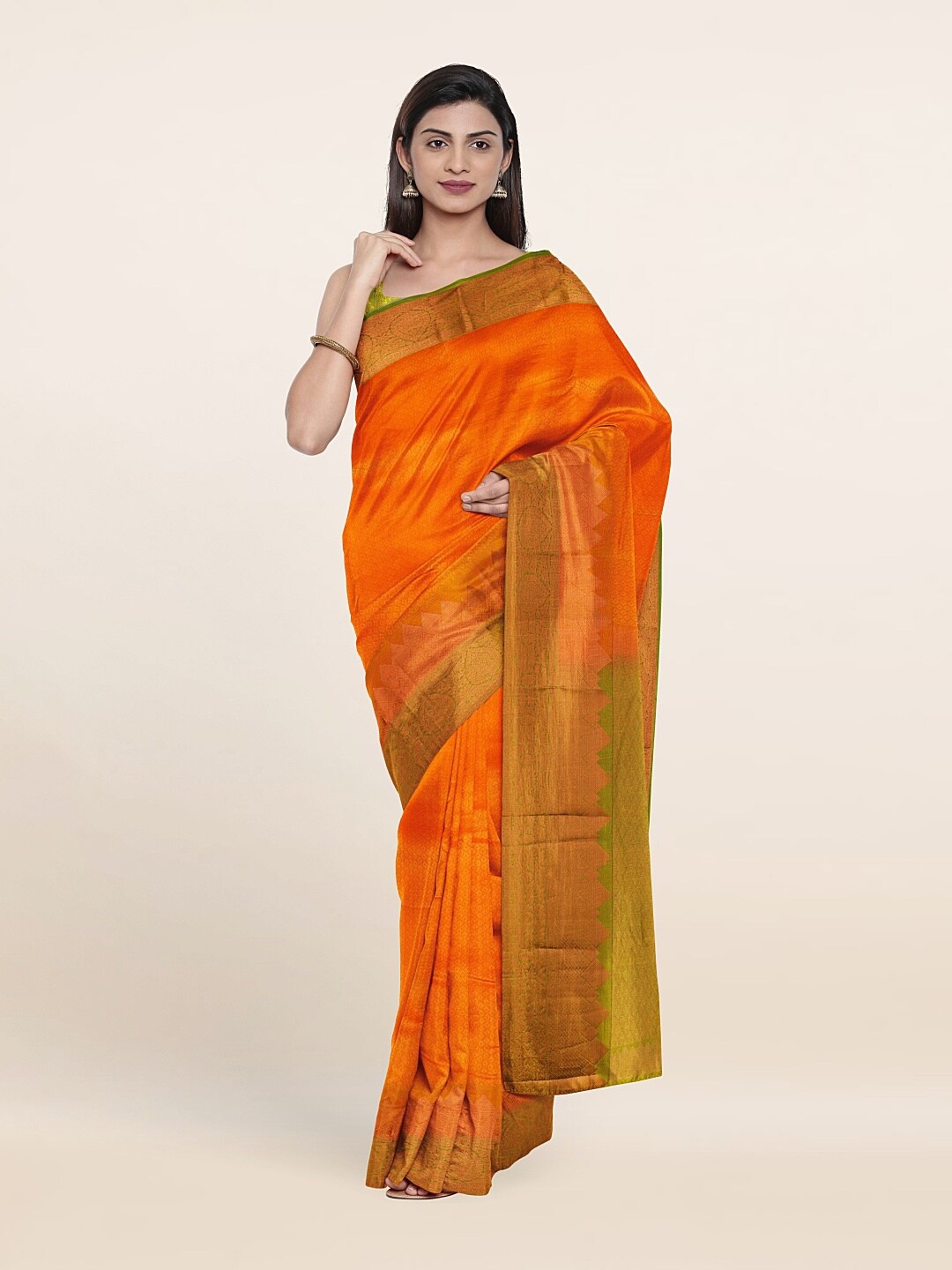 

Pothys Orange & Gold-Toned Woven Design Zari Pure Silk Kanjeevaram Saree