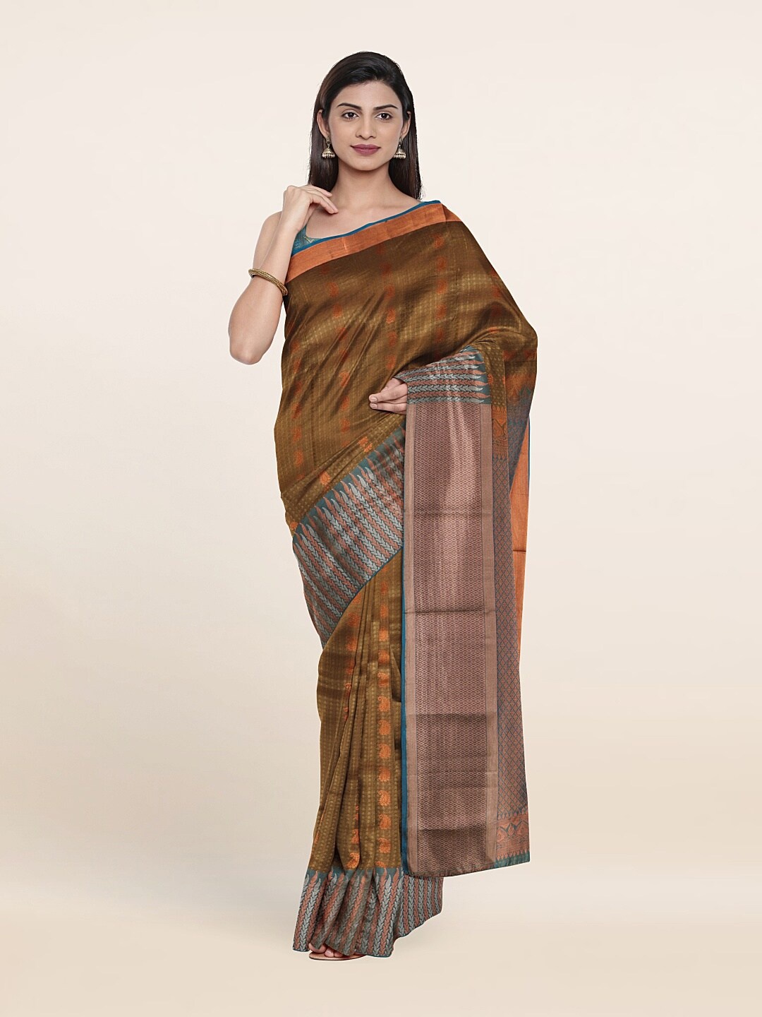 

Pothys Woven Design Zari Pure Silk Kanjeevaram Saree, Tan