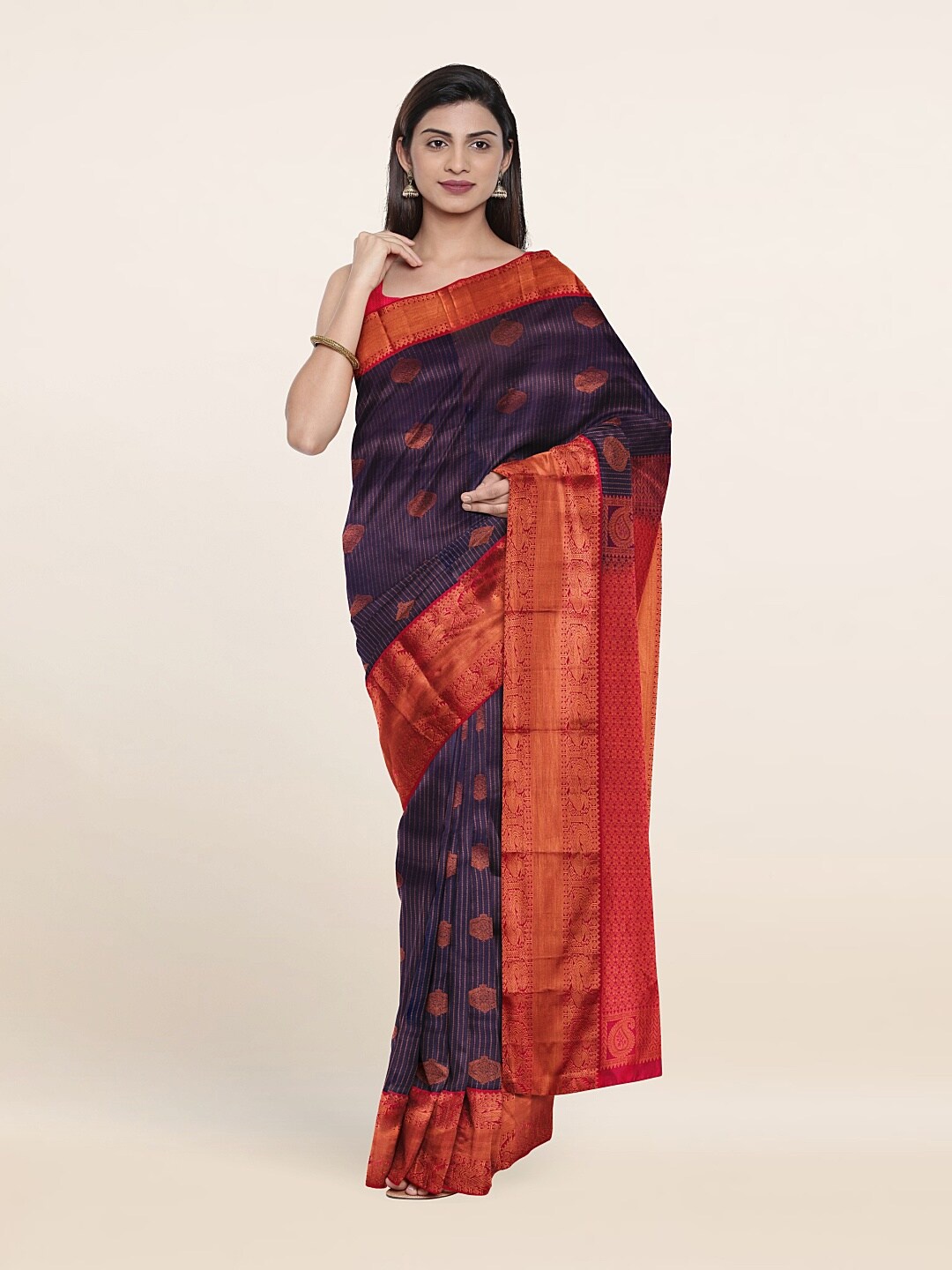 

Pothys Woven Design Zari Pure Silk Kanjeevaram Saree, Navy blue