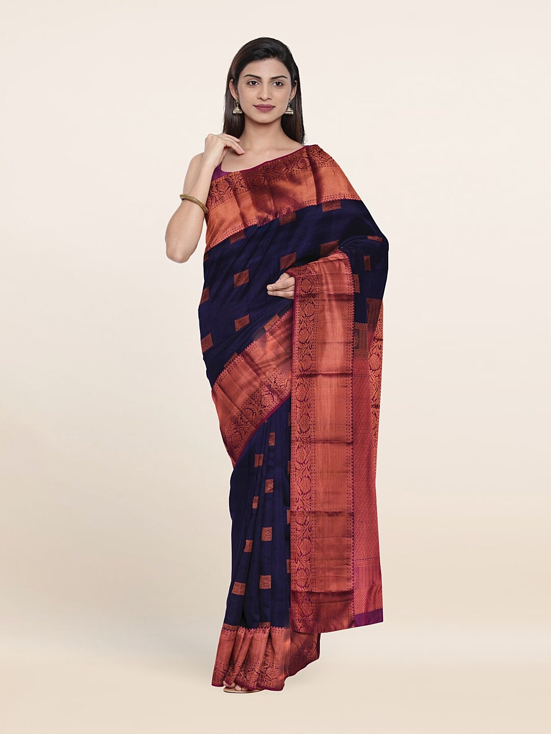 

Pothys Woven Design Zari Pure Silk Kanjeevaram Saree, Navy blue