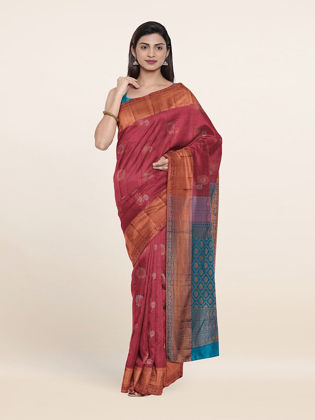 

Pothys Mauve & Blue Floral Zari Pure Silk Kanjeevaram Saree