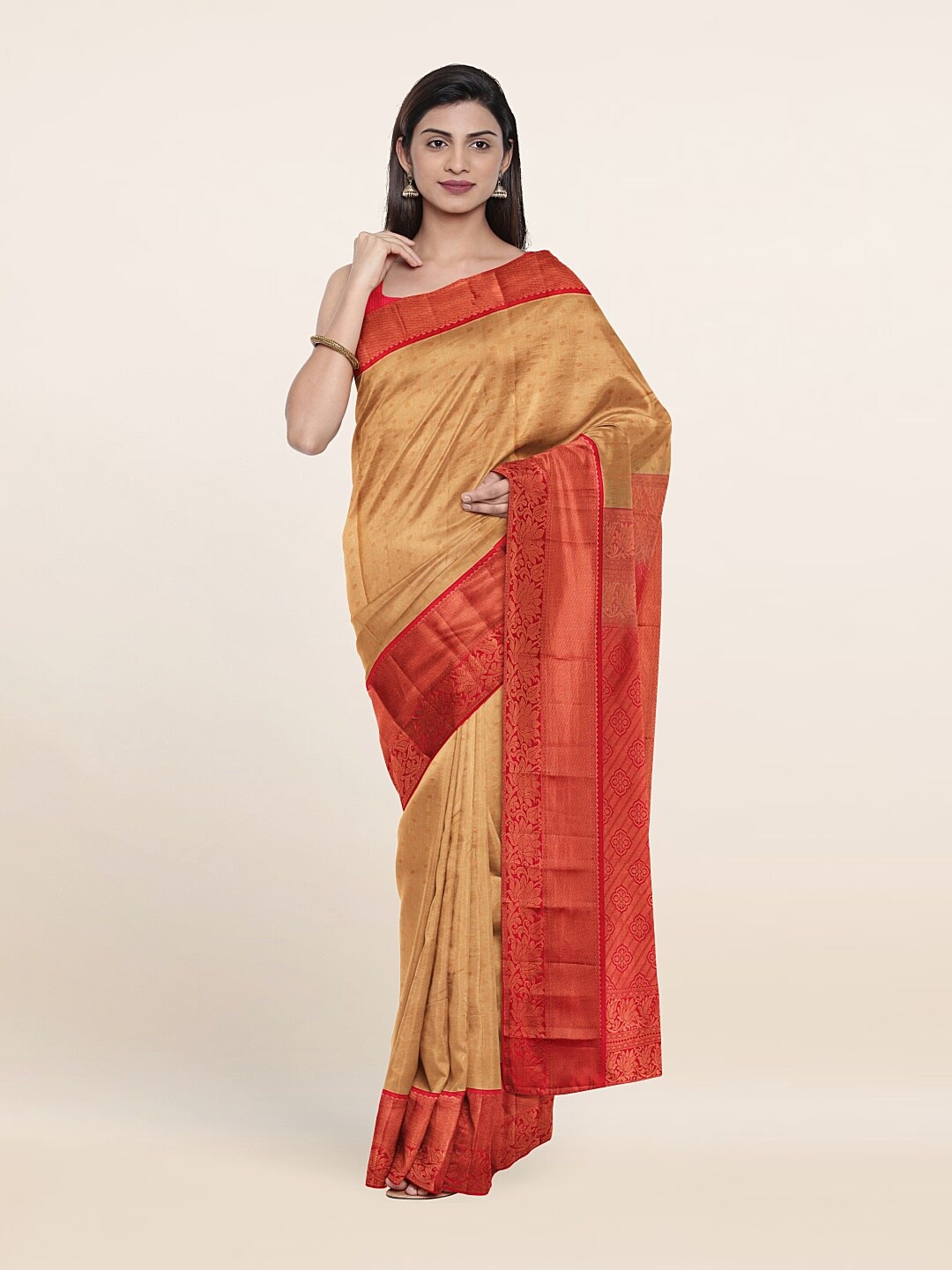 

Pothys Cream-Coloured & Red Ethnic Motifs Zari Pure Silk Kanjeevaram Saree