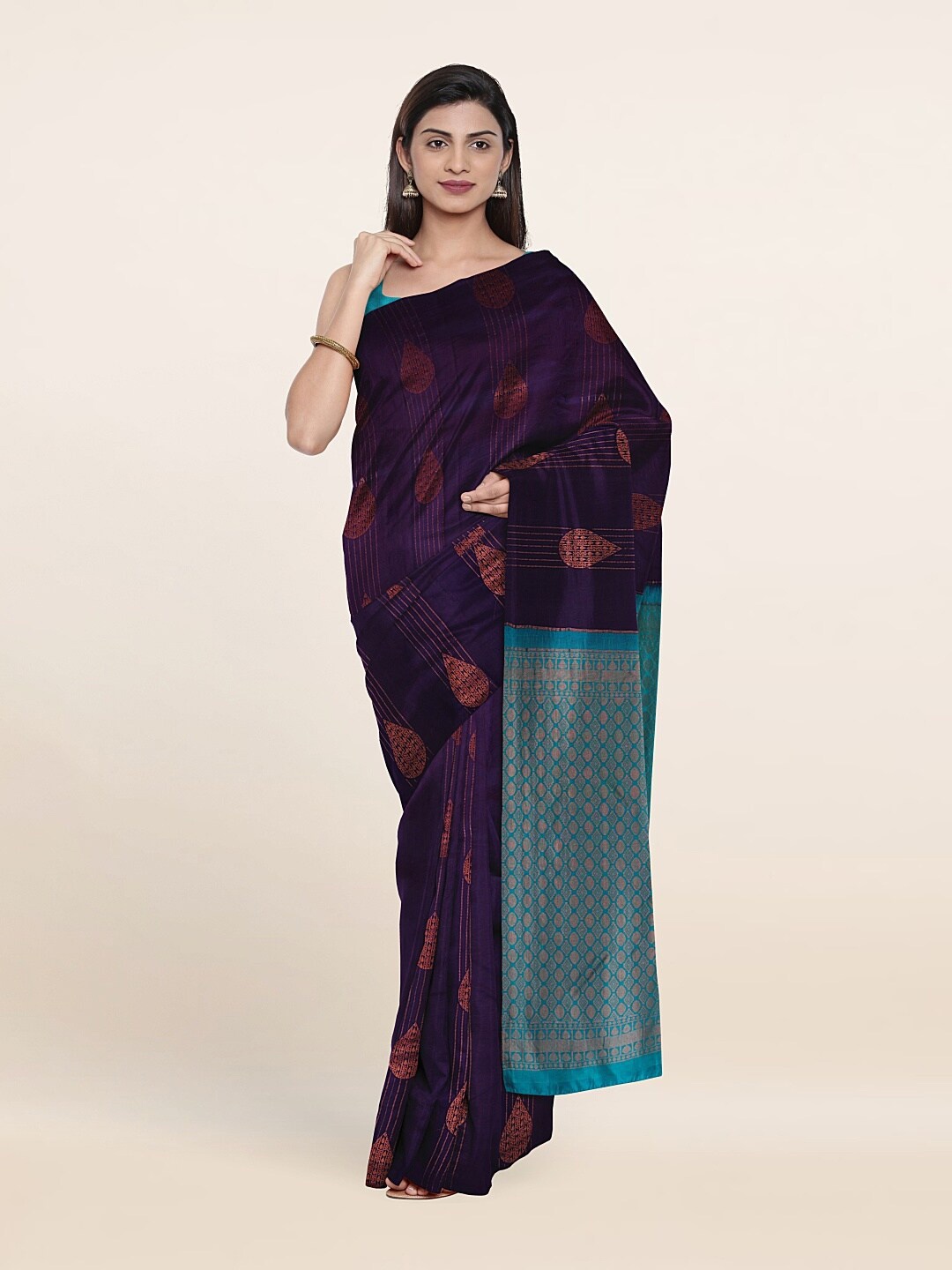 

Pothys Violet & Turquoise Blue Ethnic Motifs Zari Pure Silk Kanjeevaram Saree