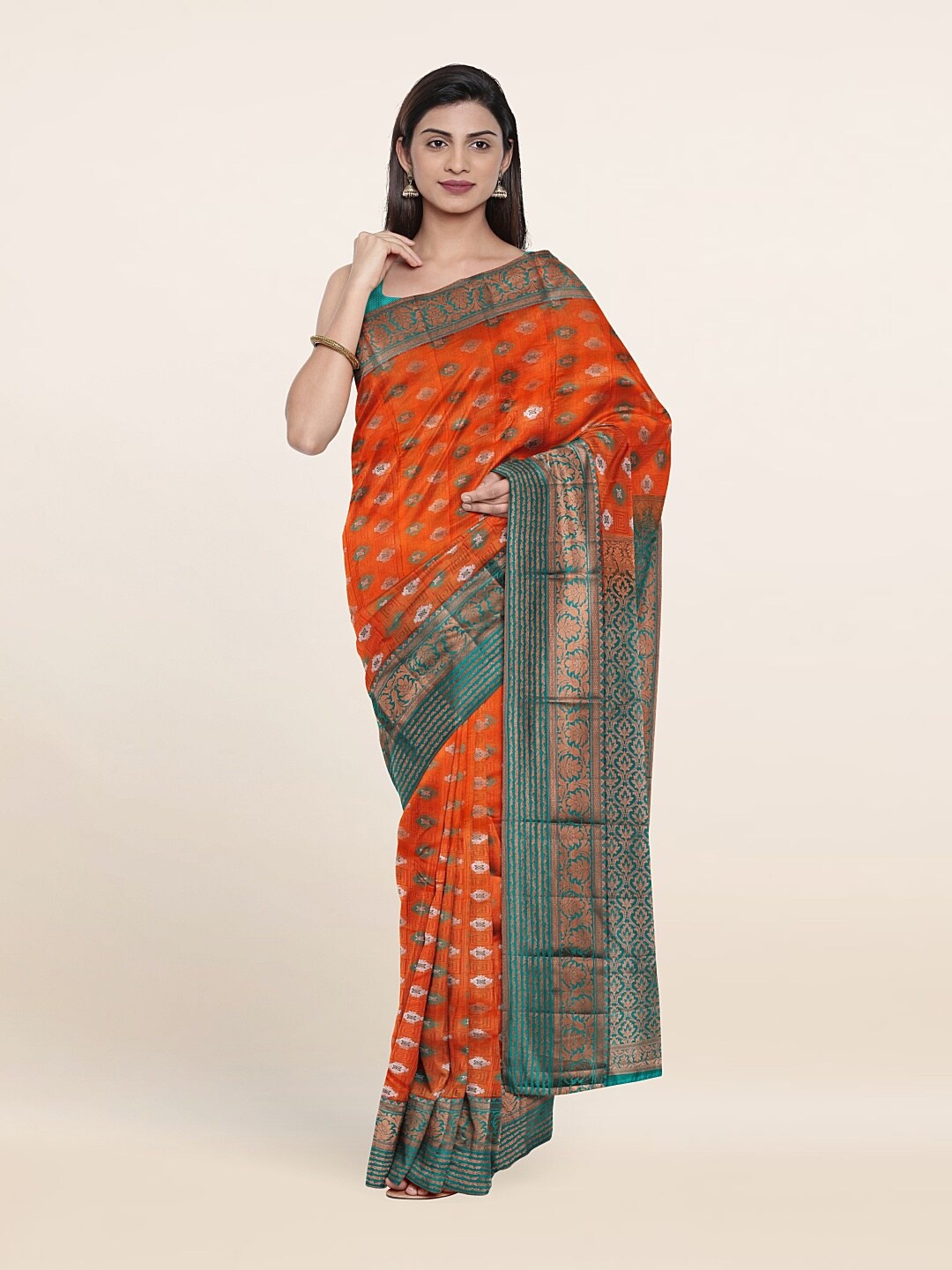 

Pothys Orange & Turquoise Blue Woven Design Zari Pure Silk Saree