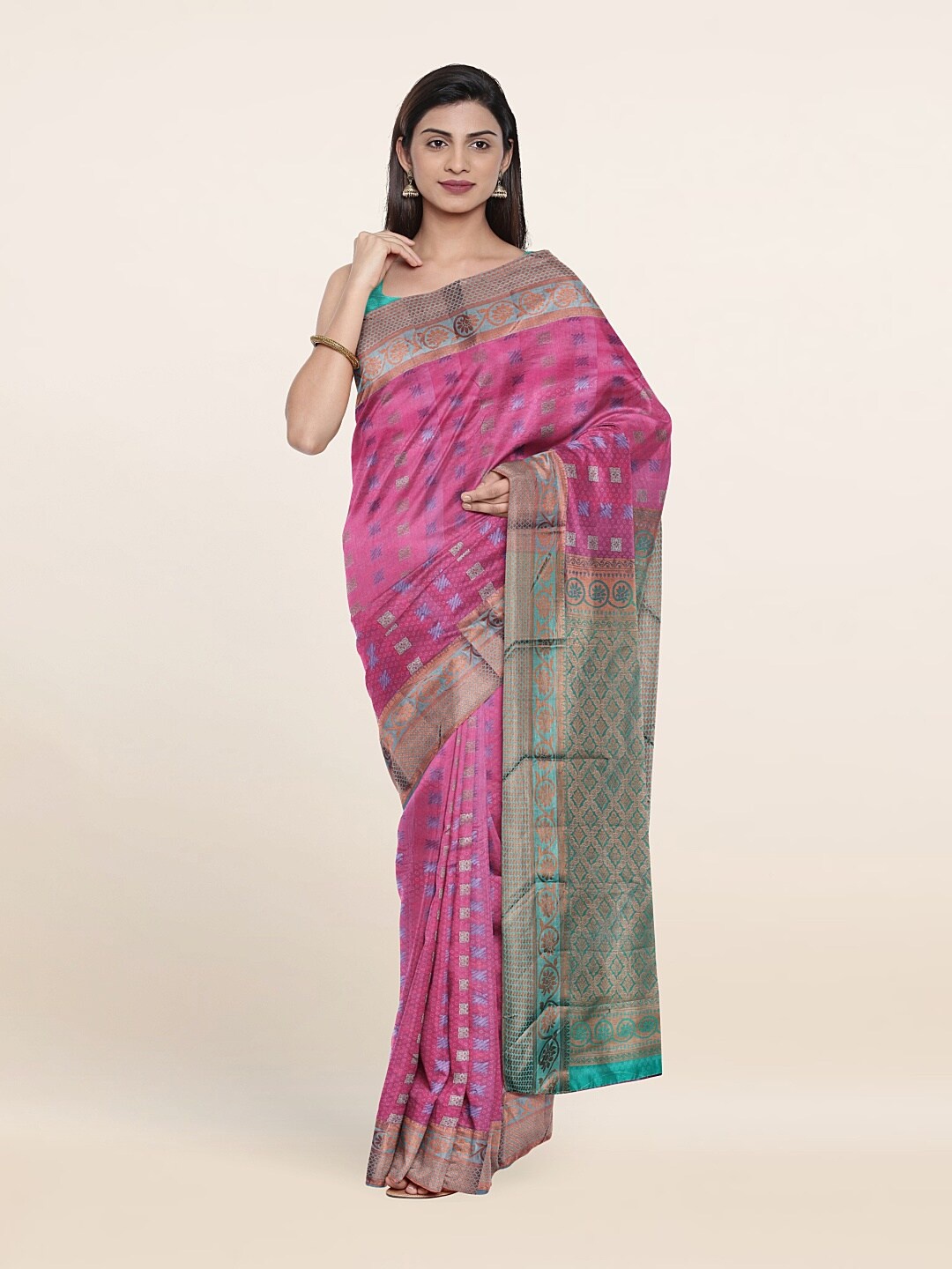 

Pothys Pink & Green Woven Design Zari Pure Silk Saree