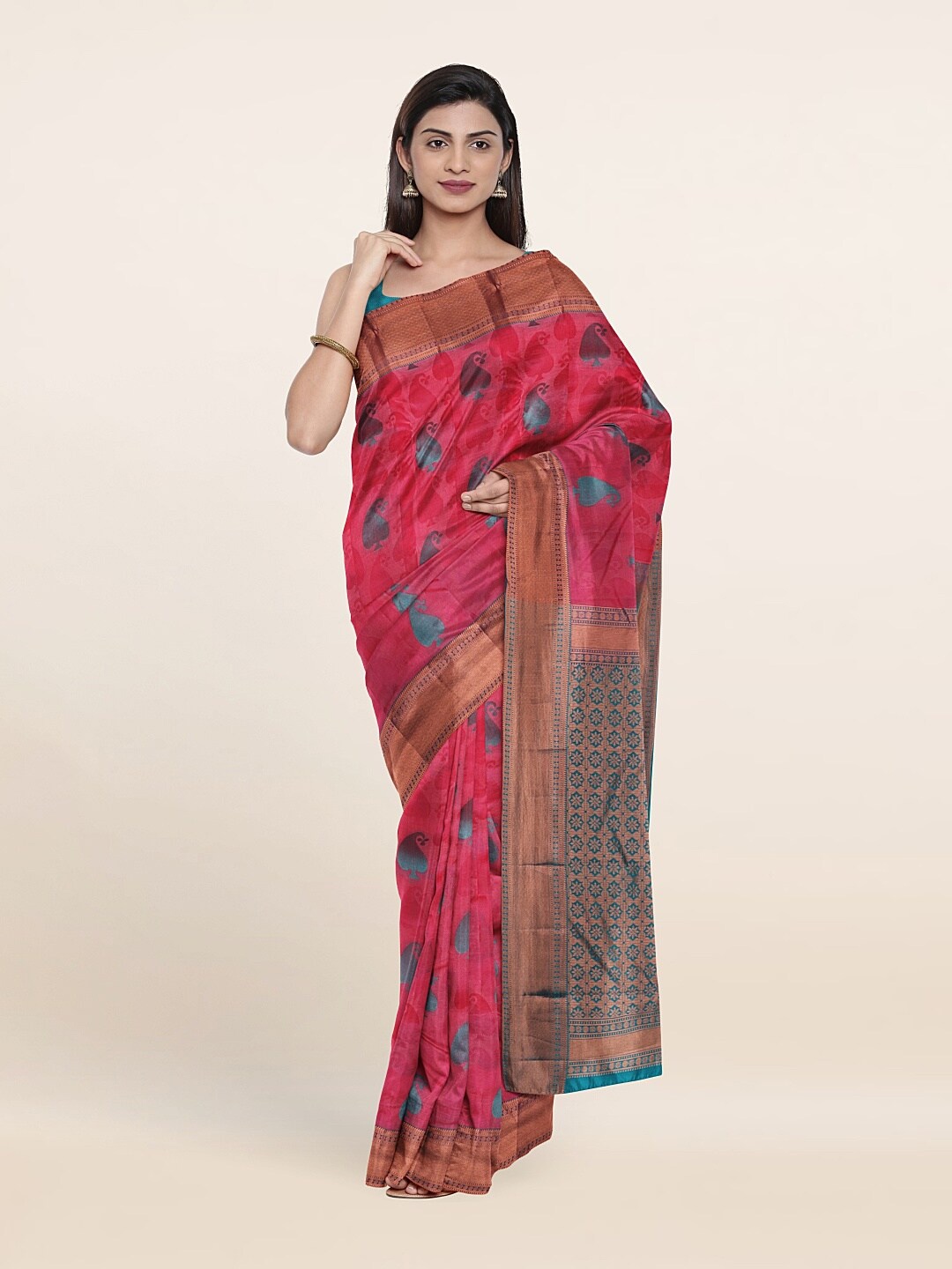 

Pothys Pink & Turquoise Blue Woven Design Zari Pure Silk Saree