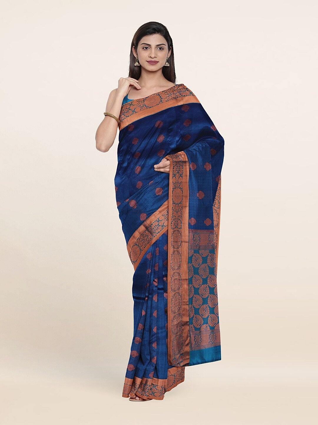 

Pothys Blue & Copper-Toned Woven Design Zari Pure Silk Saree