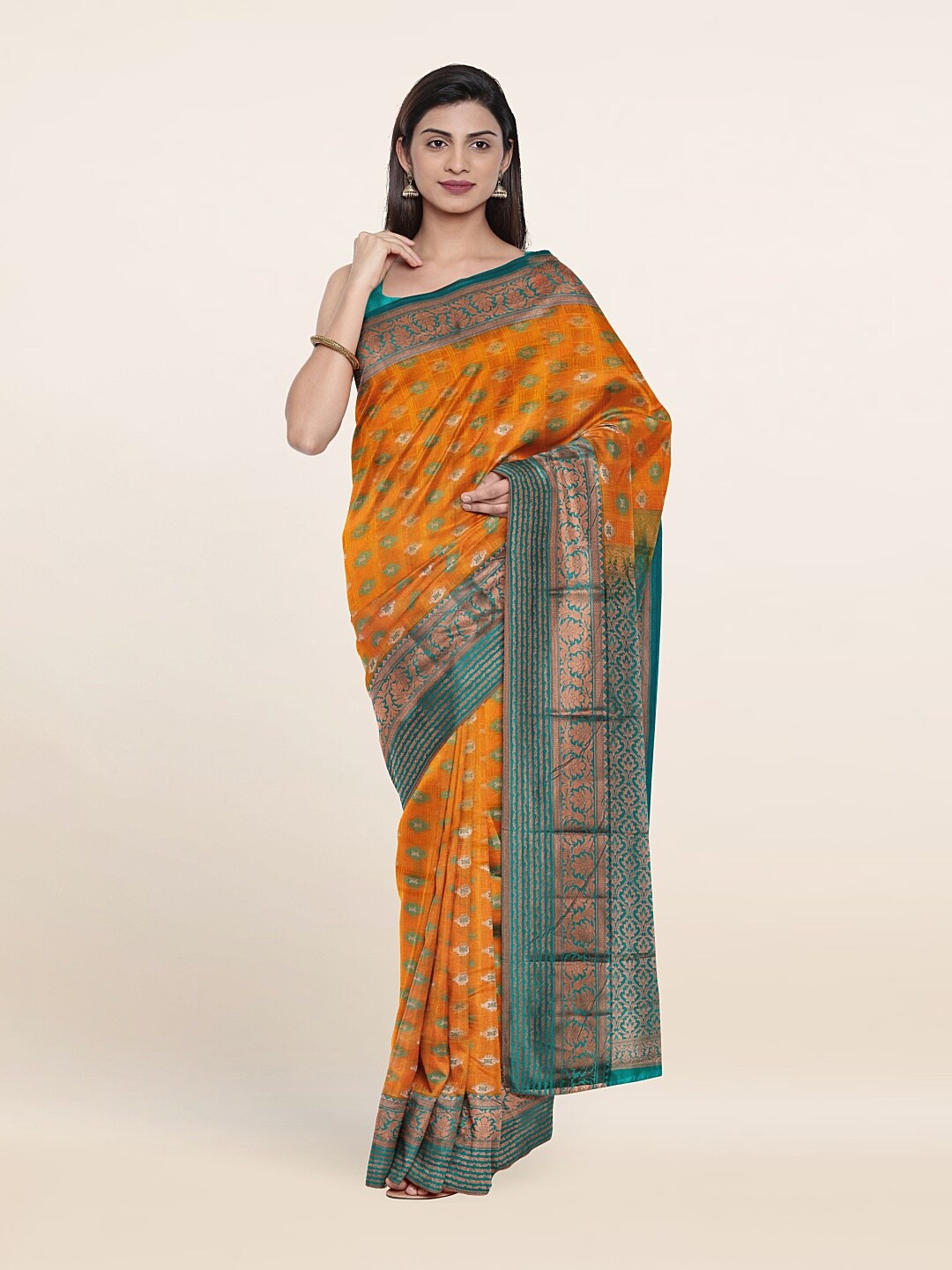 

Pothys Orange & Turquoise Blue Woven Design Zari Pure Silk Saree