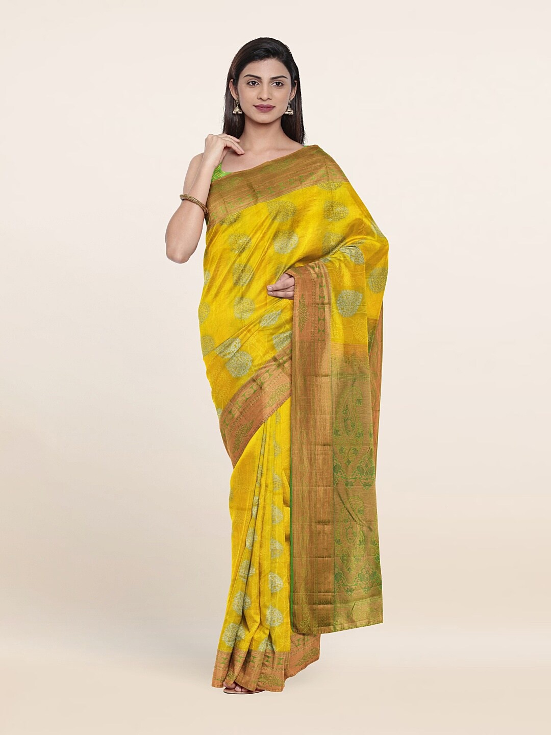 

Pothys Yellow & Green Woven Design Zari Pure Silk Saree