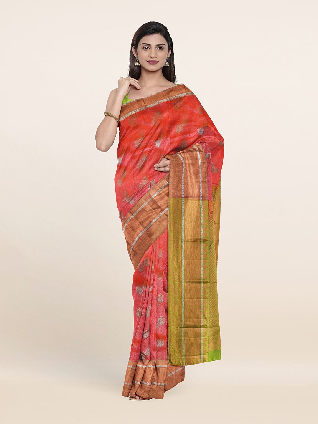 

Pothys Pink & Green Woven Design Zari Pure Silk Saree