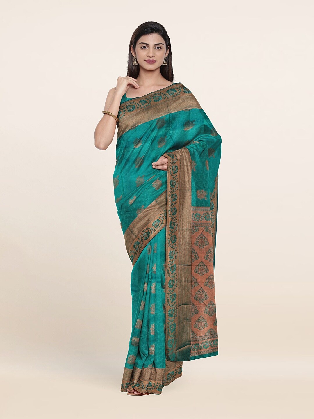

Pothys Blue & Copper-Toned Woven Design Zari Pure Silk Saree