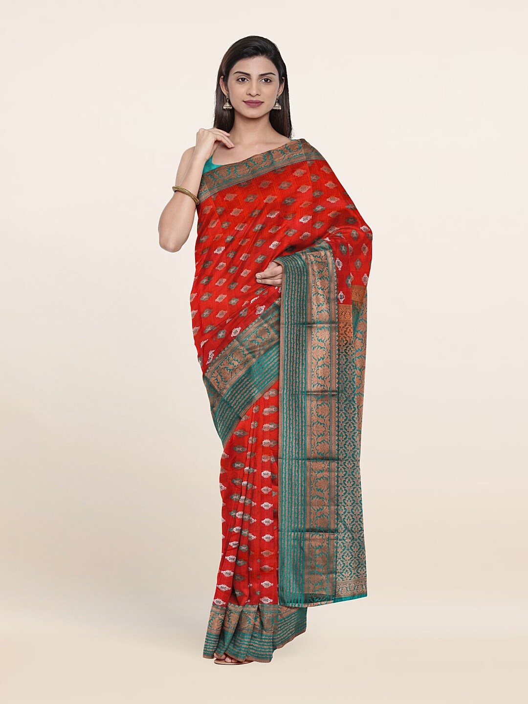 

Pothys Red & Blue Zari Pure Silk Saree