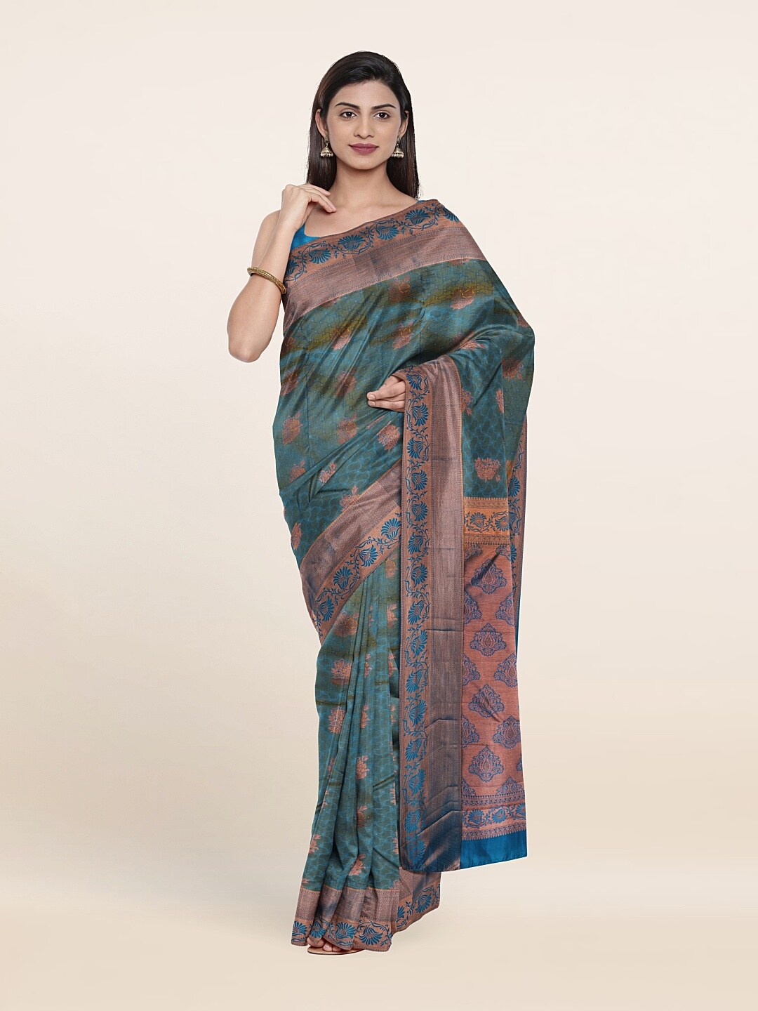 

Pothys Blue & Copper-Toned Woven Design Pure Silk Saree