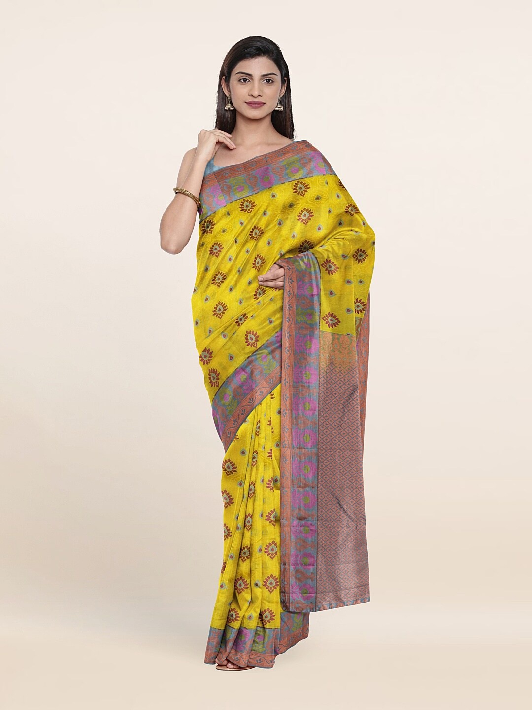 

Pothys Yellow & Pink Ethnic Motifs Zari Pure Silk Saree