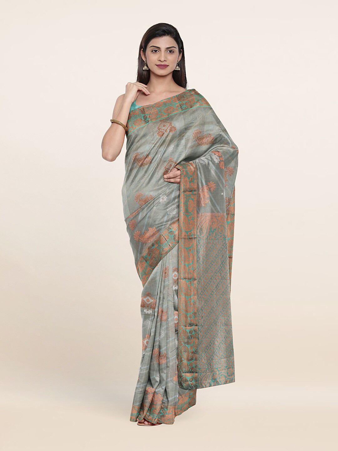 

Pothys Grey & Copper-Toned Ethnic Motifs Zari Pure Silk Saree