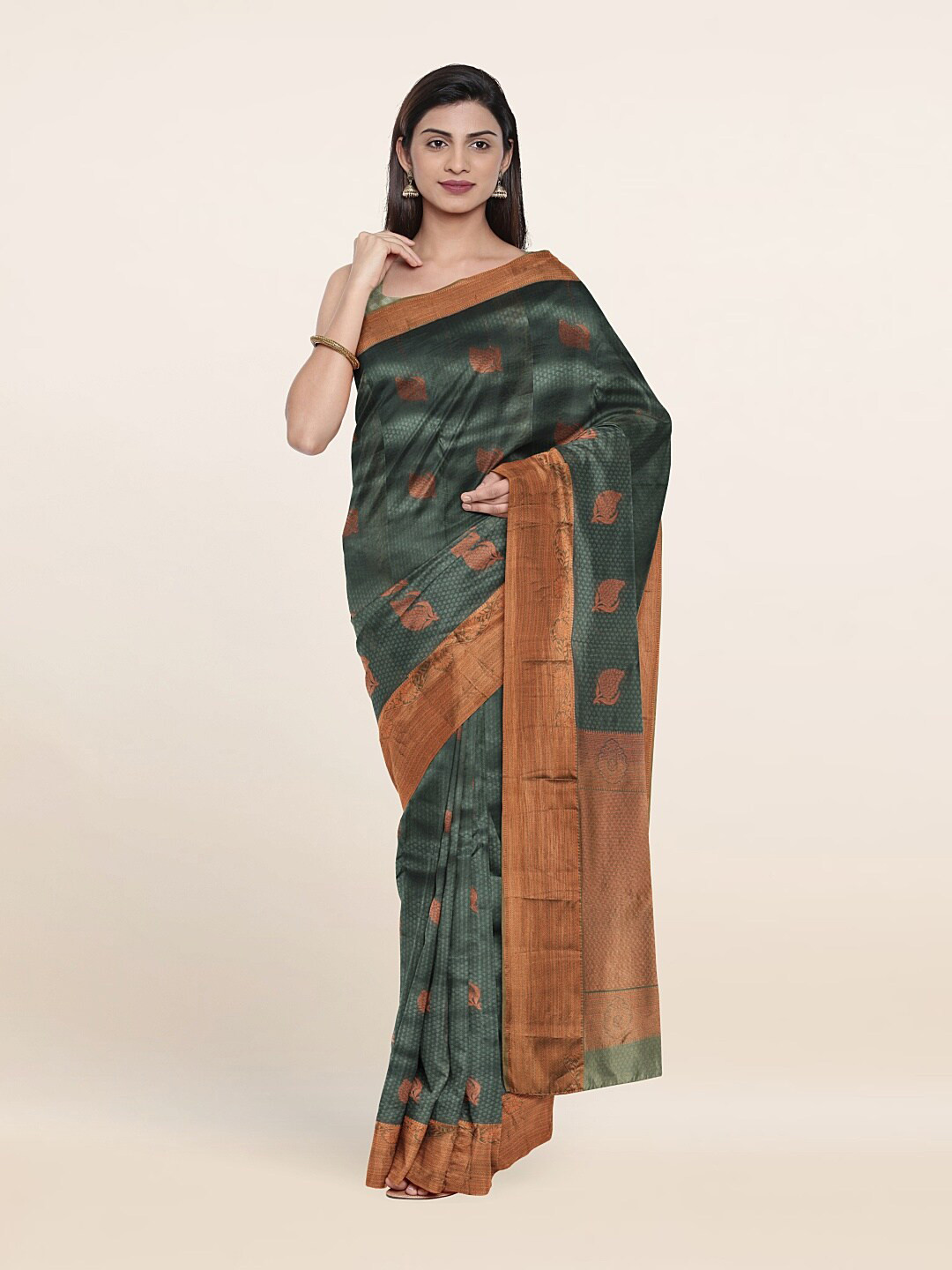 

Pothys Green & Copper-Toned Floral Zari Pure Silk Saree
