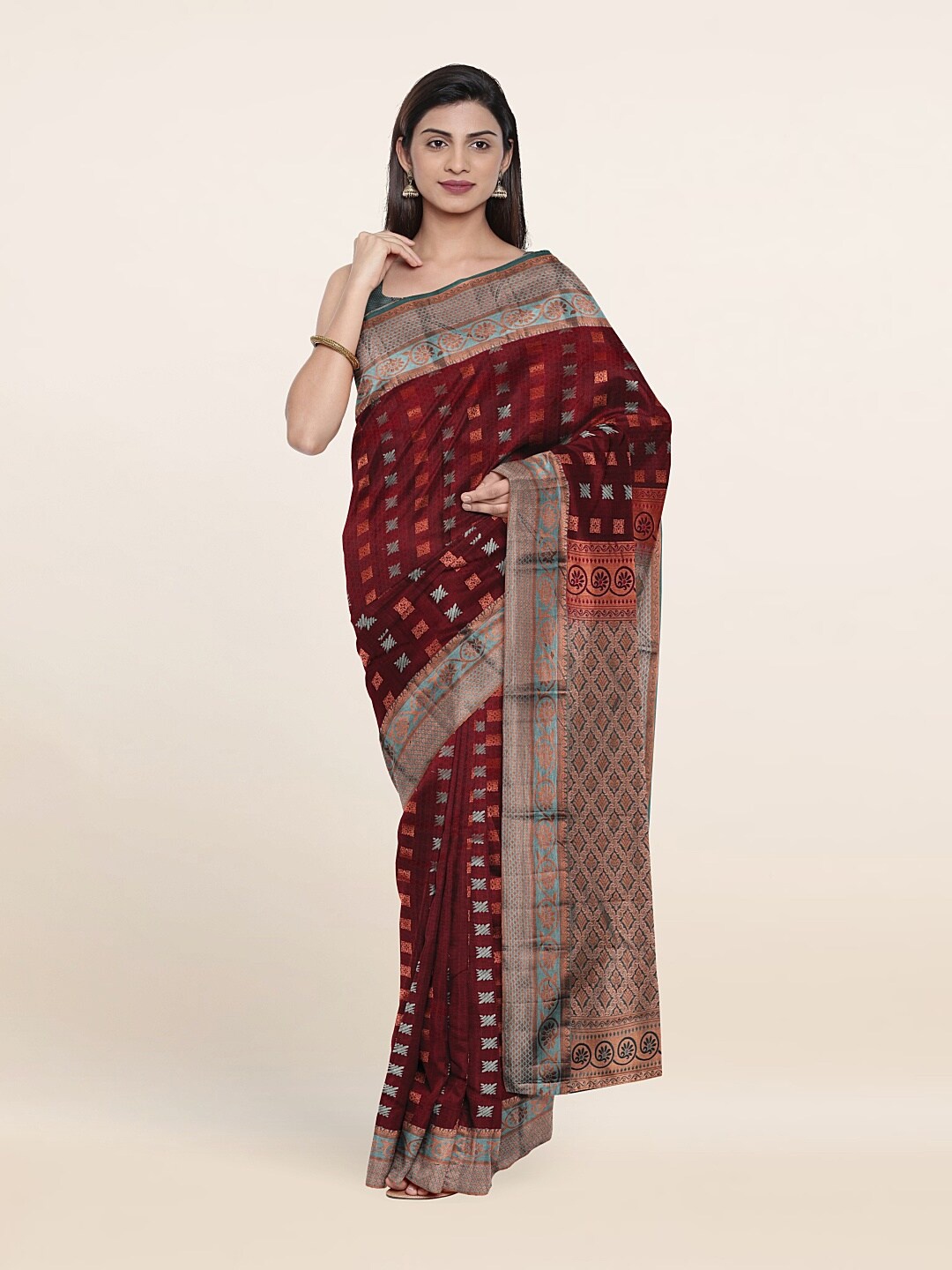 

Pothys Maroon & Blue Ethnic Motifs Zari Pure Silk Saree