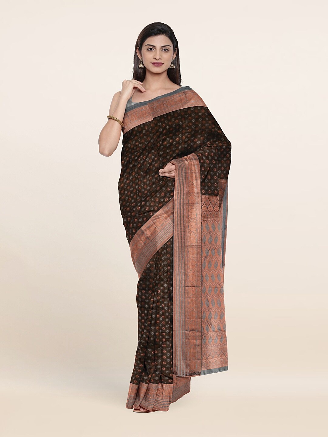 

Pothys Woven Design Zari Pure Silk Saree, Coffee brown