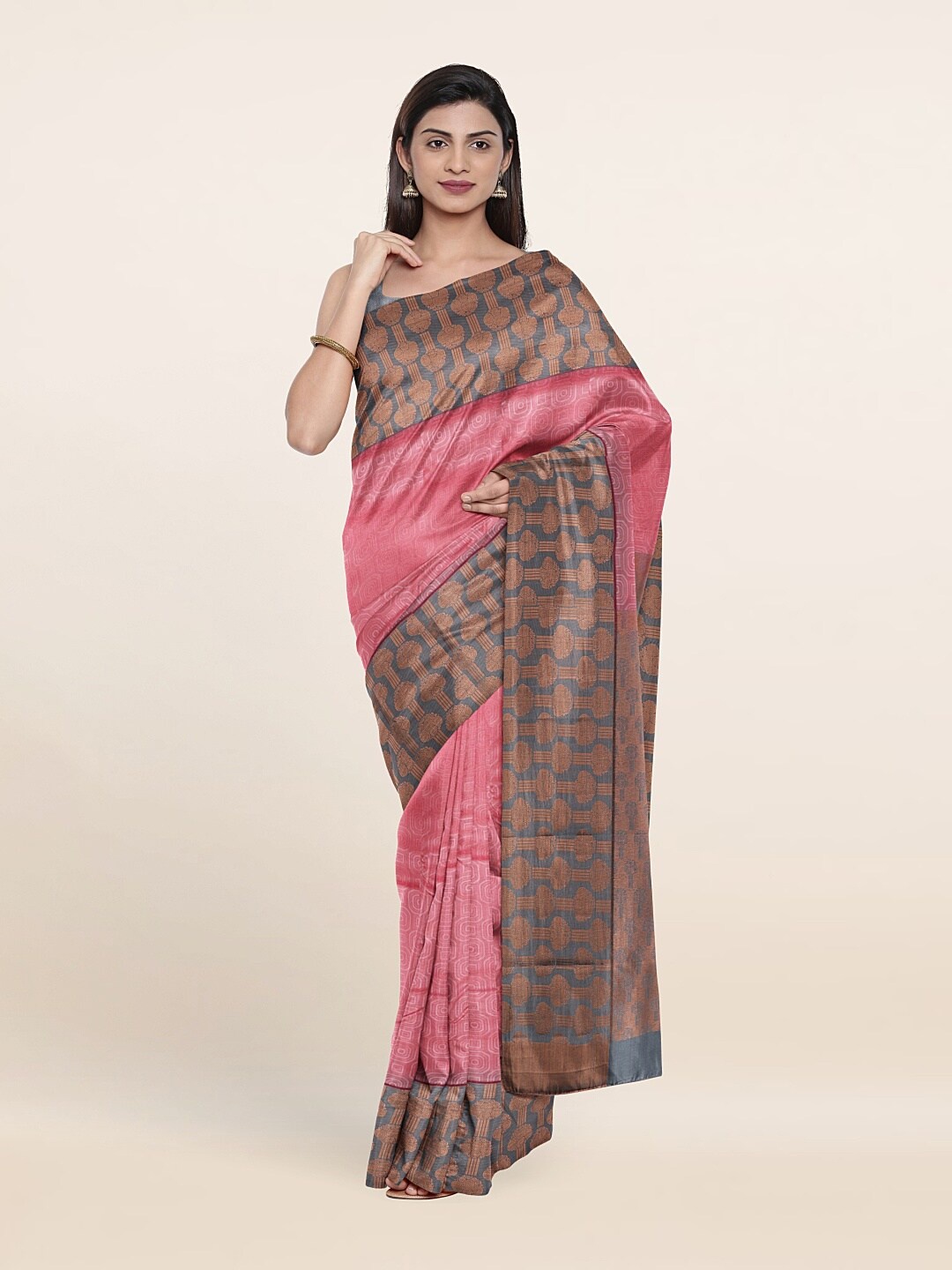 

Pothys Pink & Grey Woven Design Zari Pure Silk Saree
