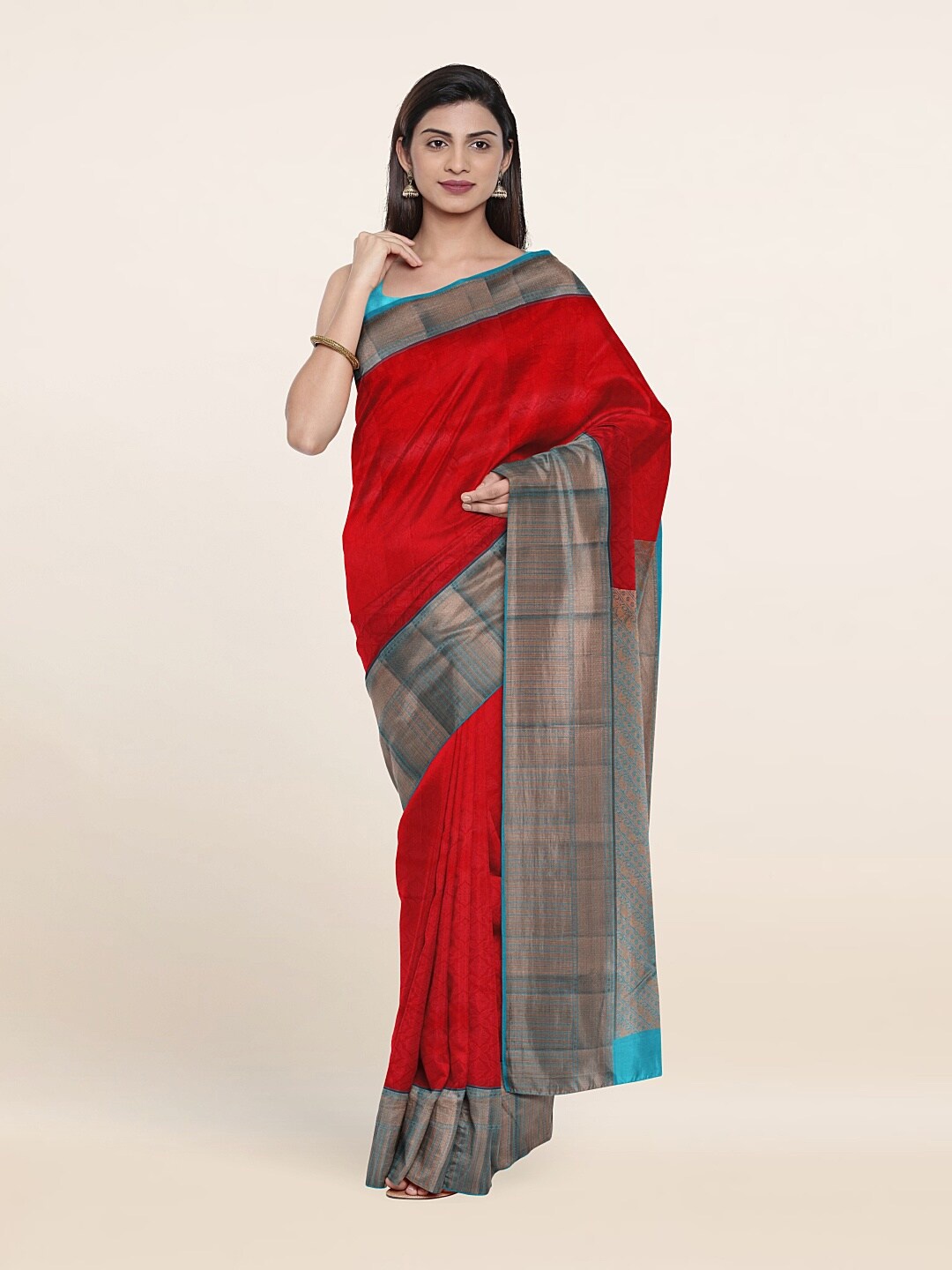 

Pothys Red & Turquoise Blue Woven Design Zari Pure Silk Saree