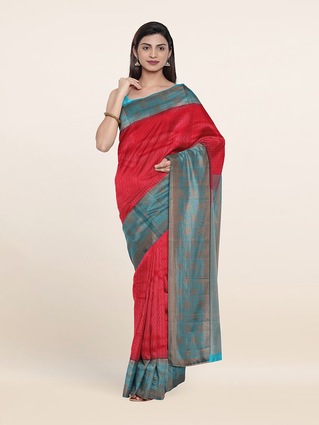 

Pothys Pink & Turquoise Blue Woven Design Zari Pure Silk Saree