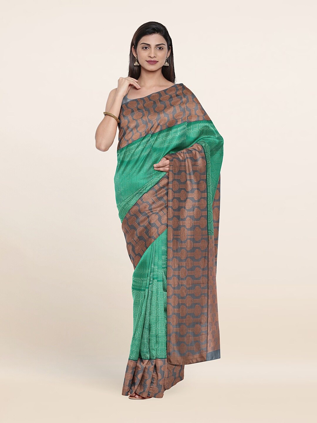 

Pothys Green & Copper-Toned Woven Design Zari Pure Silk Saree